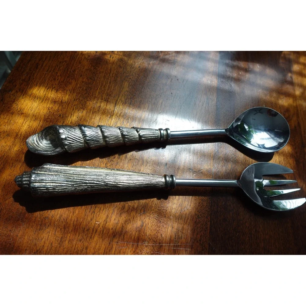 Vintage Seashell Salad Serving Spoon and Fork‎ Set Silver 13 Inch